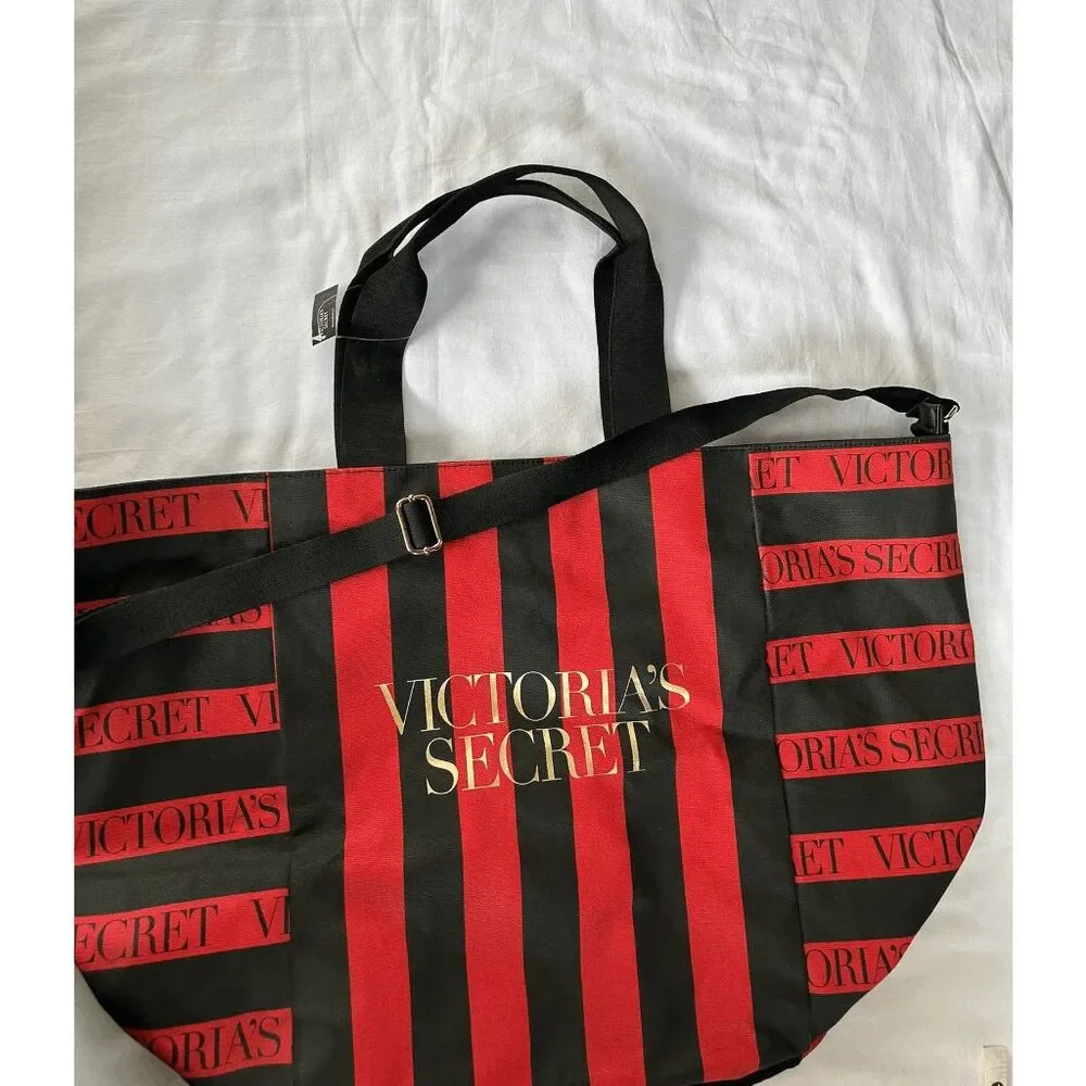 Victoria's Secret Red/Black Striped Large Tote/Beach Bag, NWT, Zipper, Crossbody - Picture 3 of 10